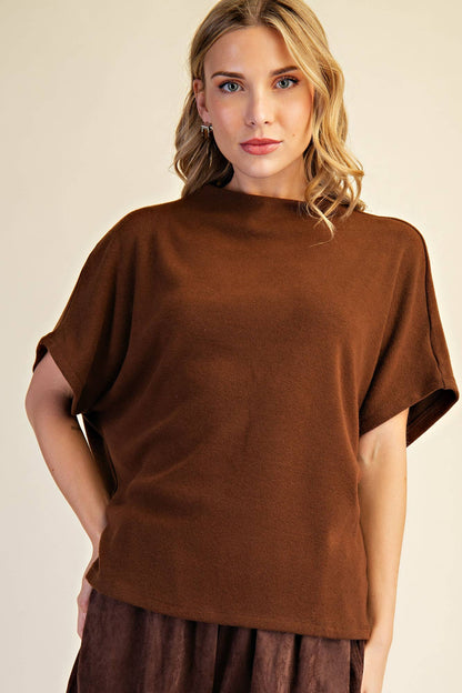 Mock Neck Short Sleeve Pullover Knit Top: Black / S