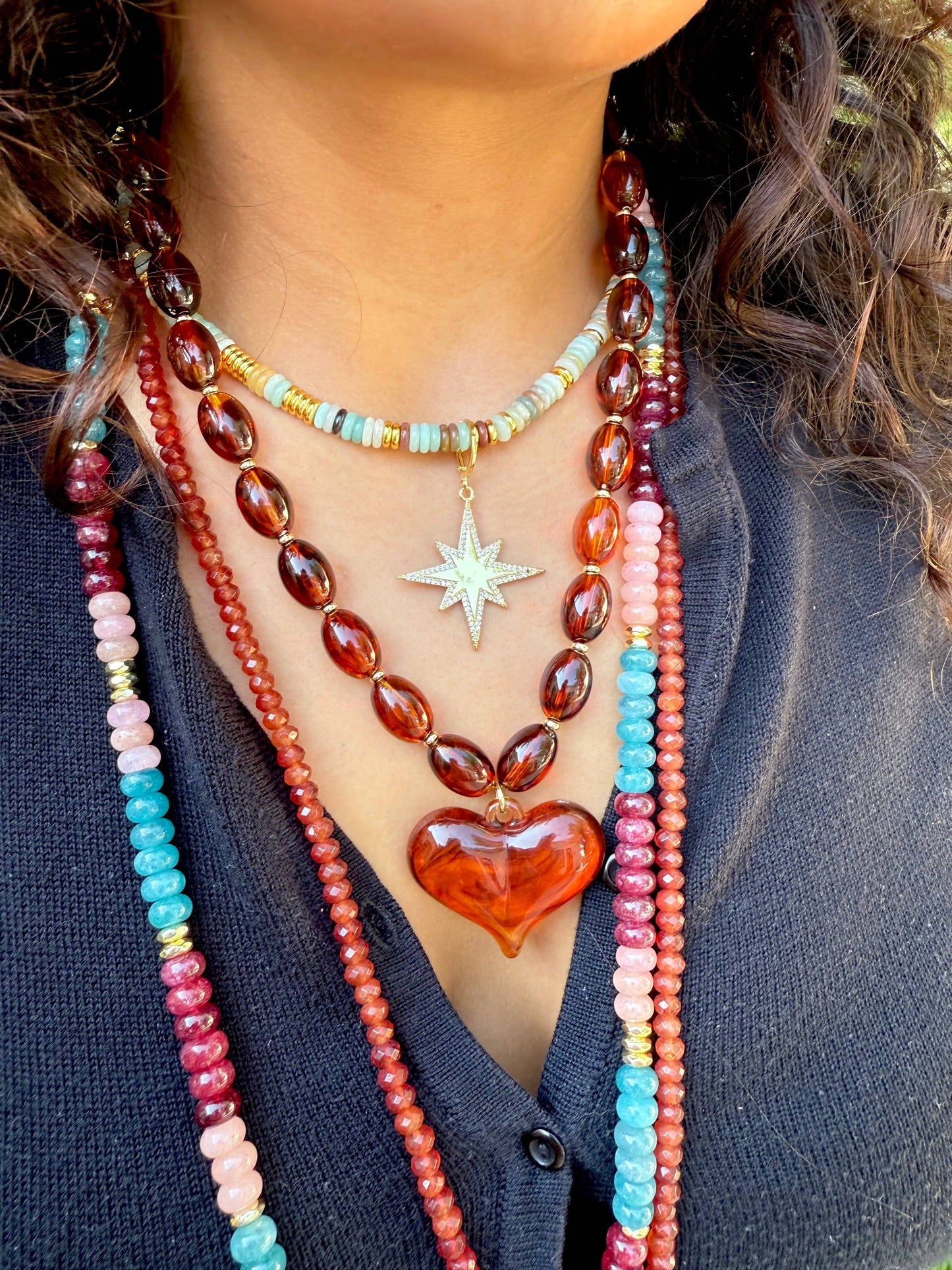 Tortoise Beaded Heart Charm Necklace