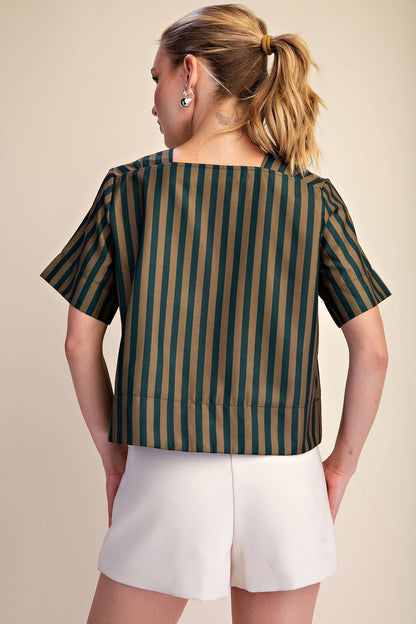 V-Neck Stripe Top - Green & Olive