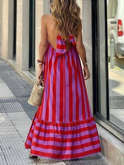 Pink & Red Striped Halter Dress
