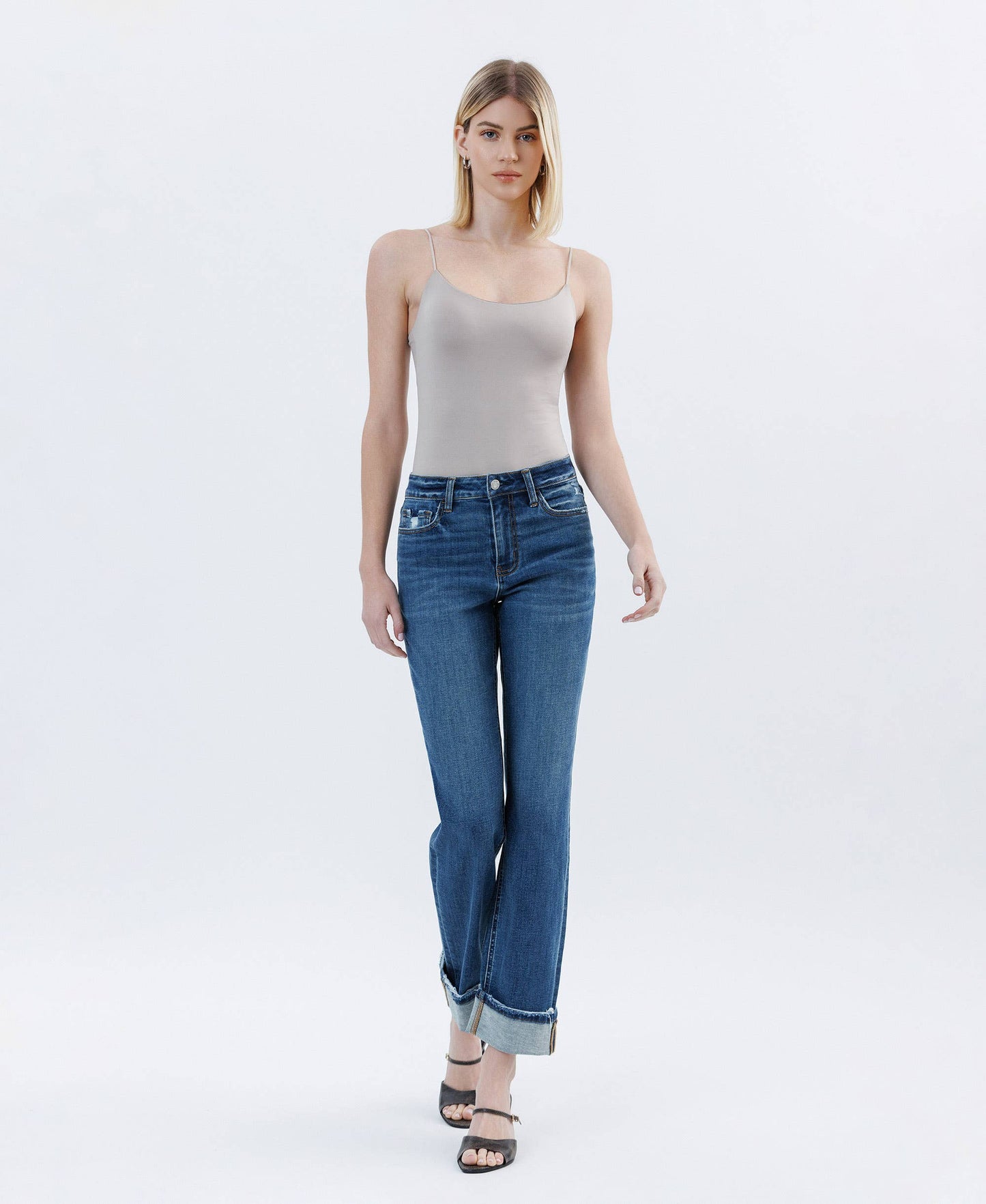 DARK WASH CUFFED STRAIGHT JEANS