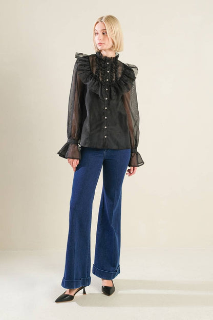 Black Ruffle Sheer Blouse