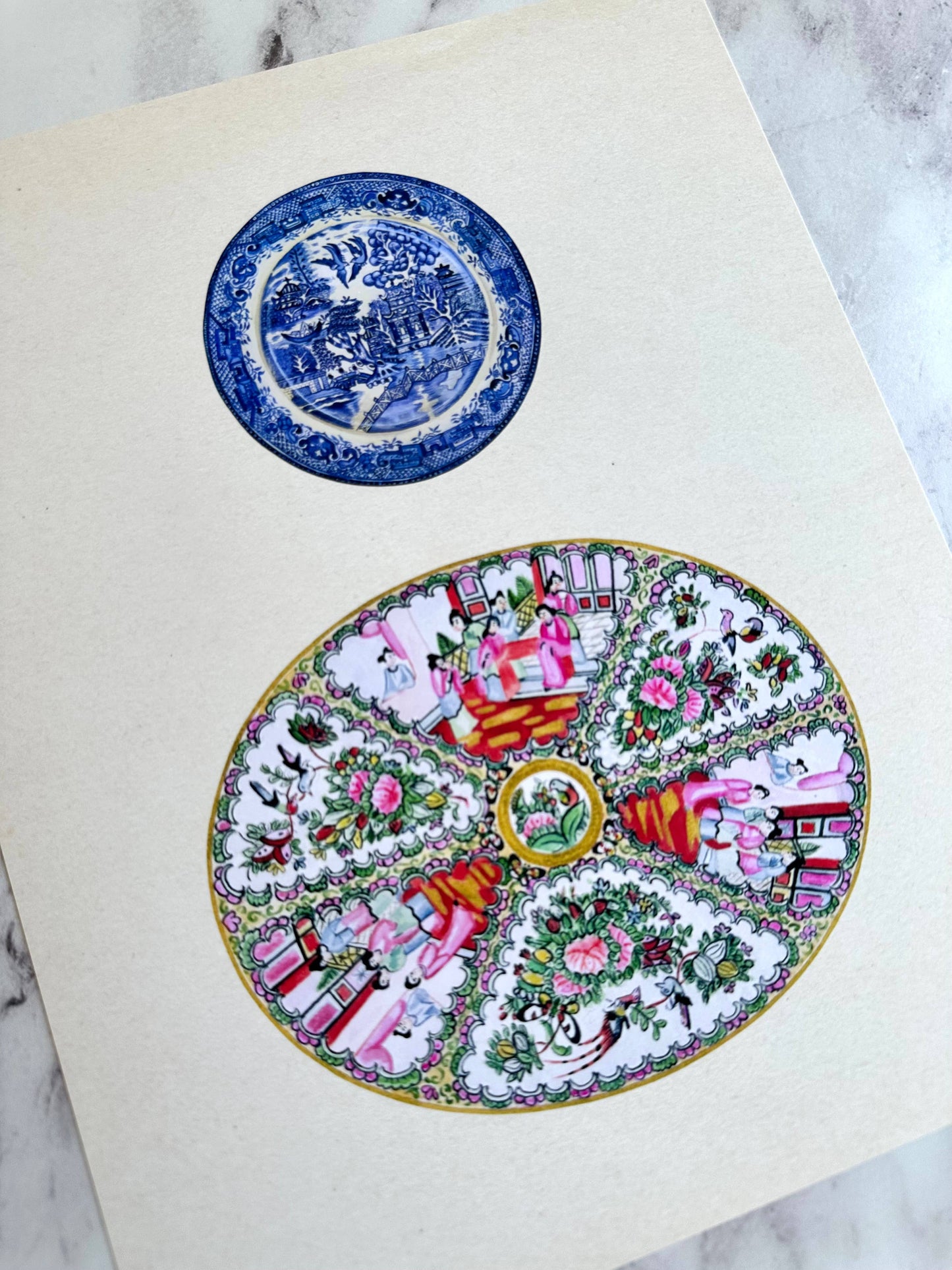 Blue Willow Rose Medallion Watercolor Art Prints: 11x14"