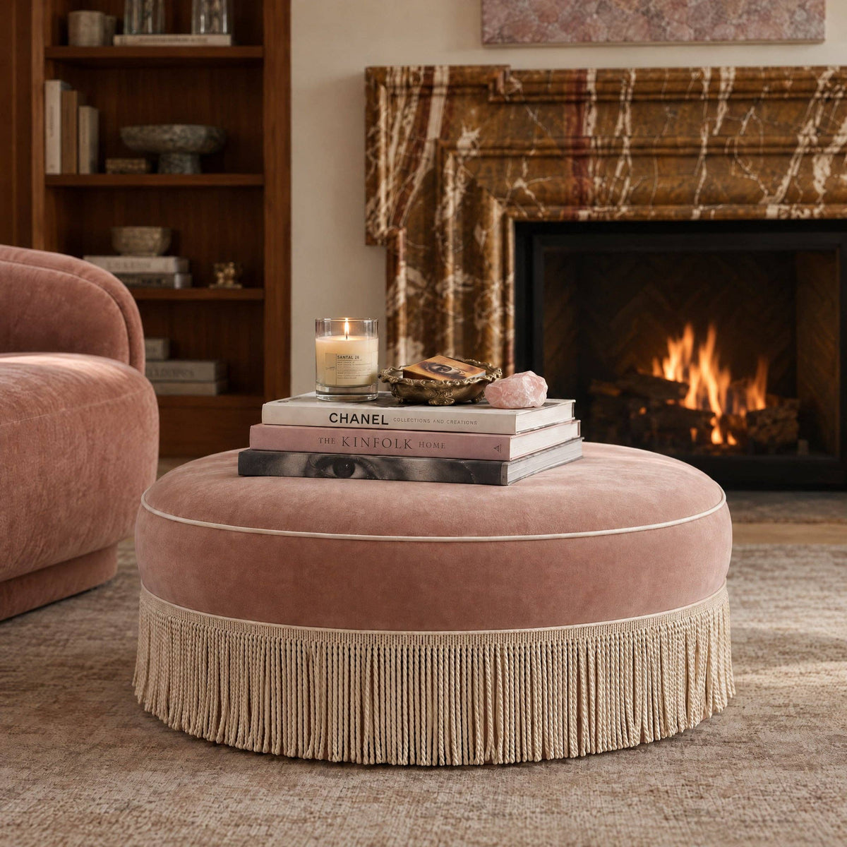 Pink Tasseled Round Ottoman
