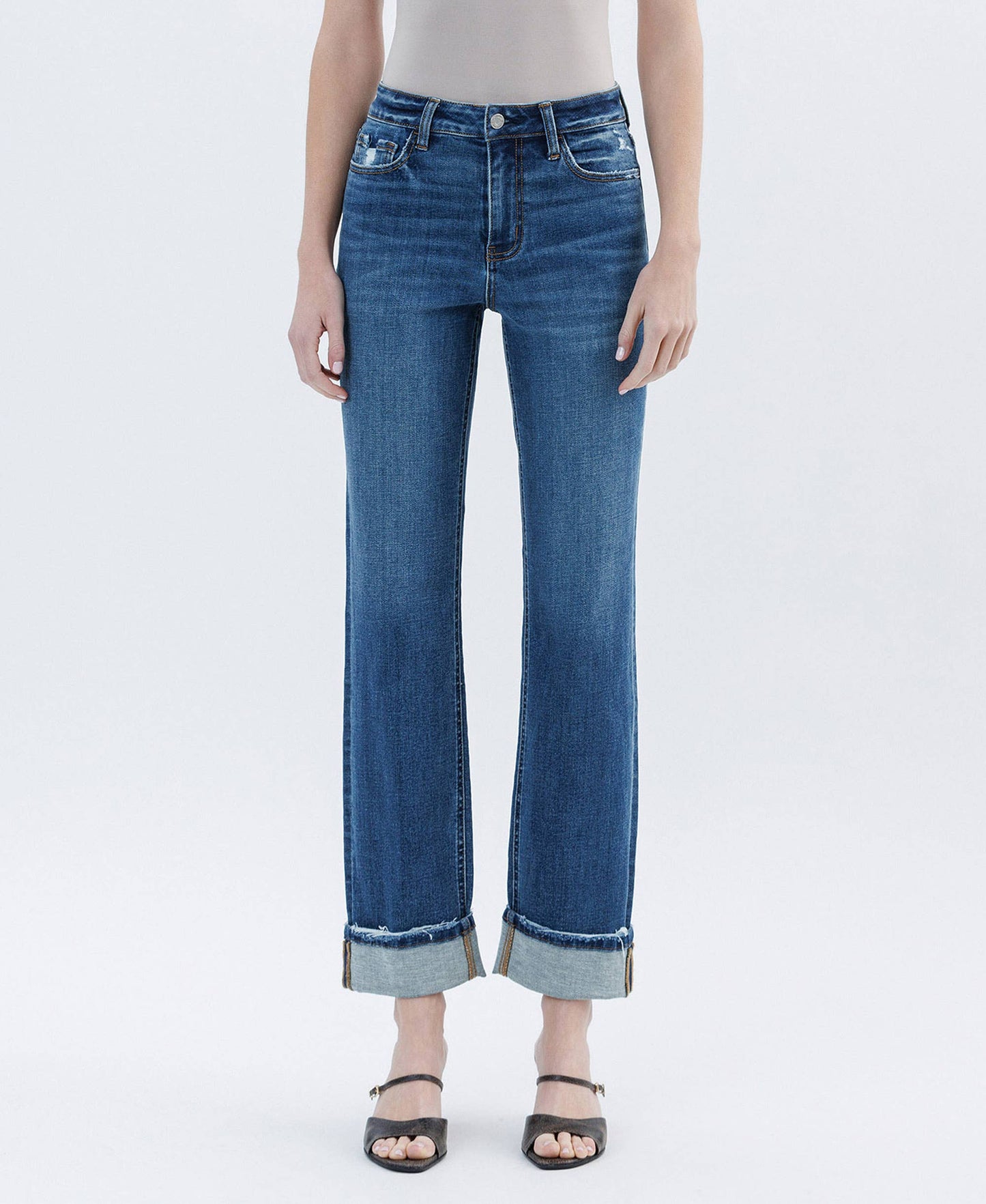 DARK WASH CUFFED STRAIGHT JEANS