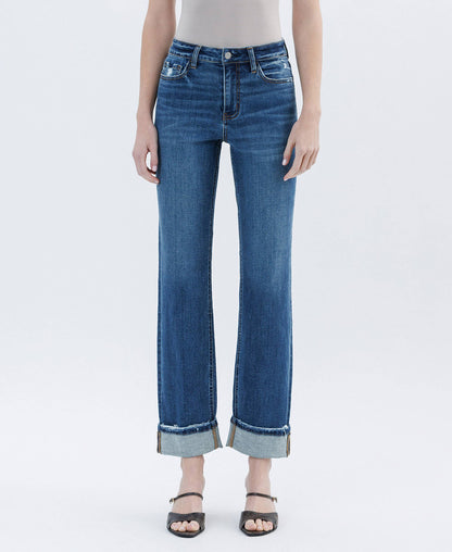 DARK WASH CUFFED STRAIGHT JEANS