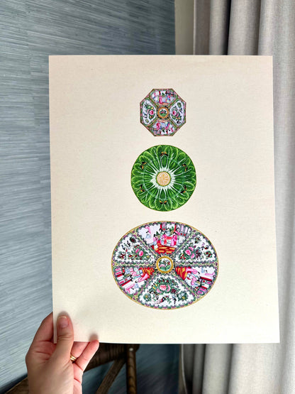 Chinoiserie Bok Choy Rose Medallion Plates Wall Art Prints