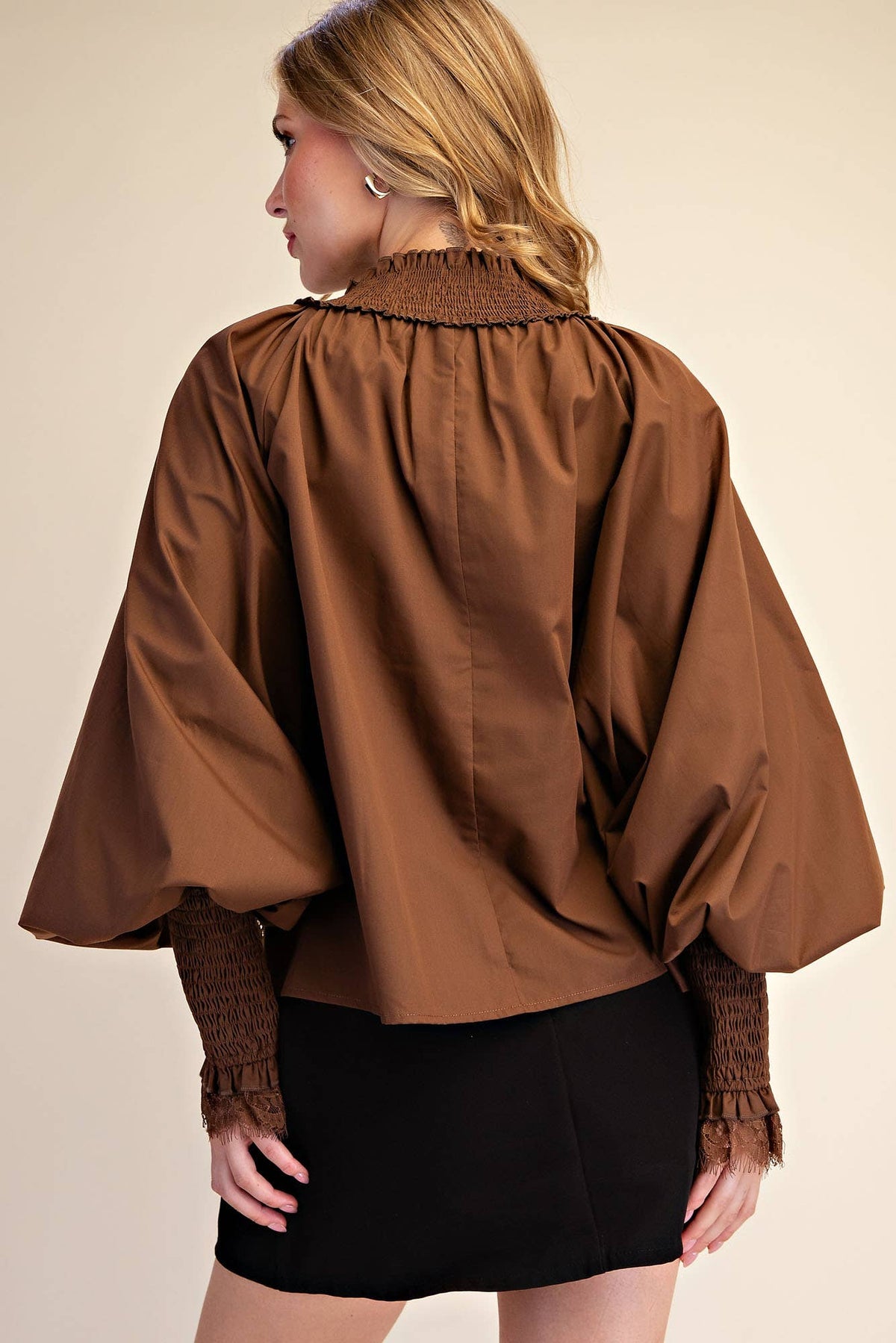 Plum Lace Puff-Sleeve Blouse
