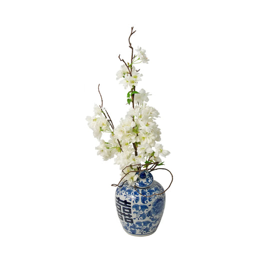 Cherry Blossum Plant in Blue & White Jar