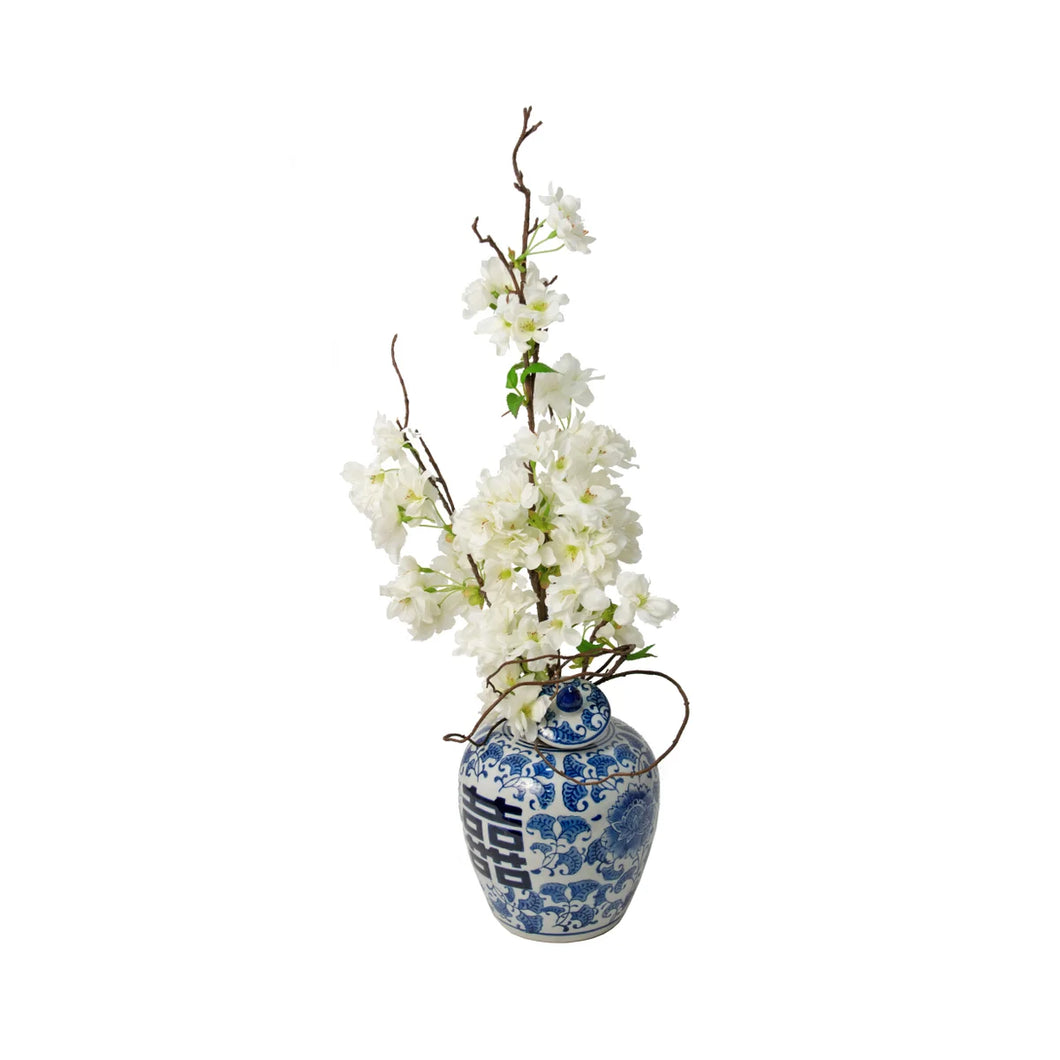 Cherry Blossum Plant in Blue & White Jar