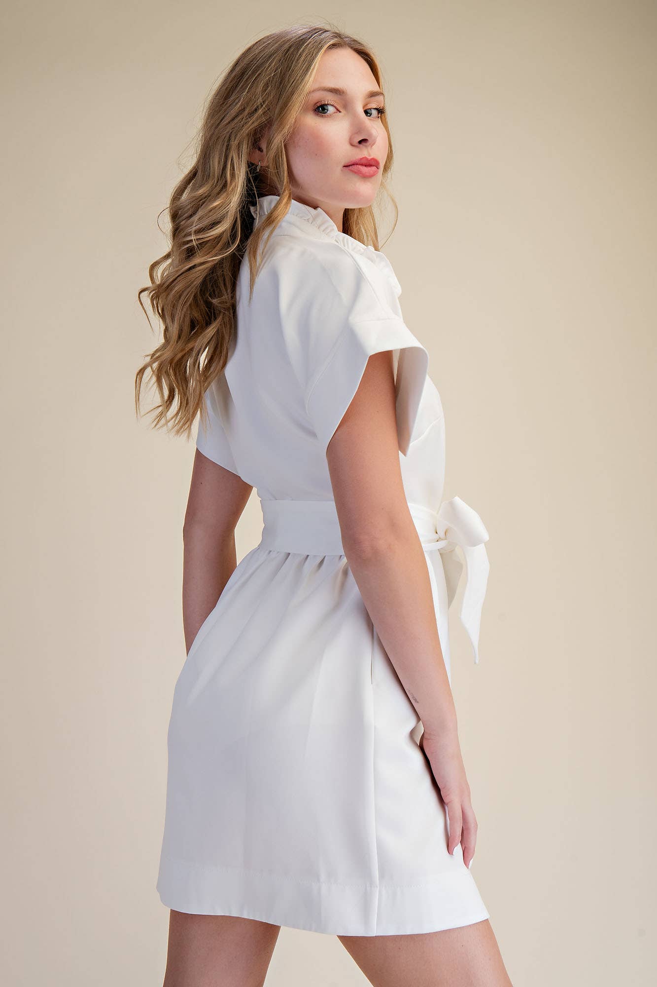 White Ruffle Neck Mini Dress