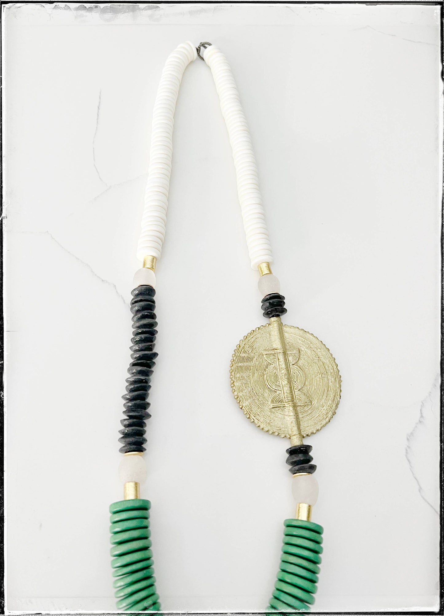 Green Beaded & Brass Pendant Necklace