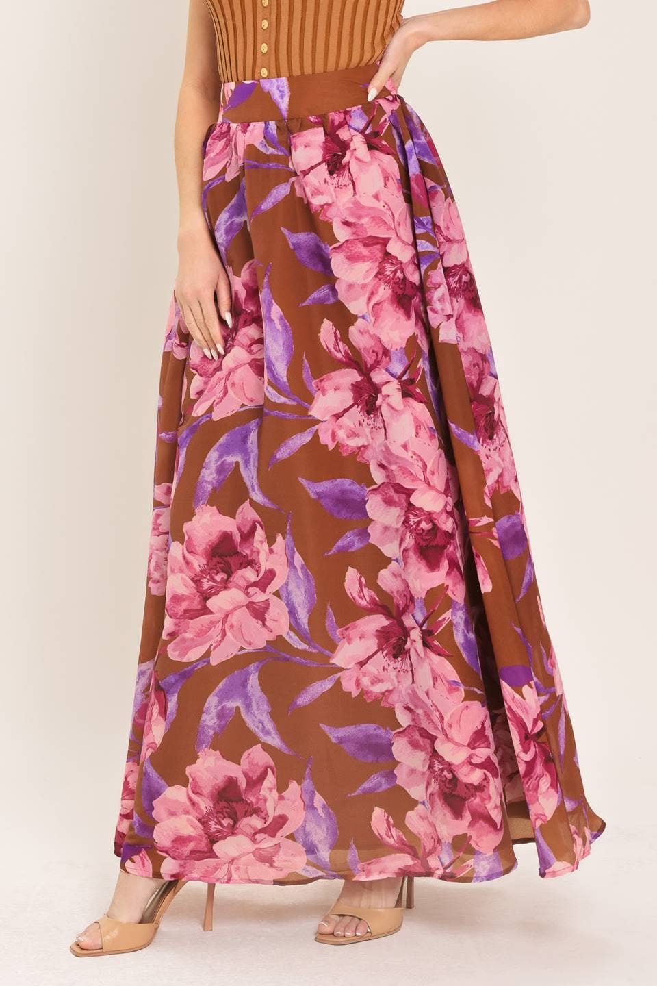 Pink & Brown Floral Skirt Set