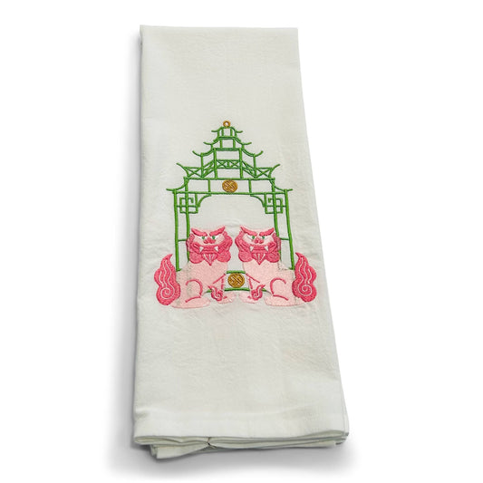 Pink Shisa Lions /Green Pagoda Towel