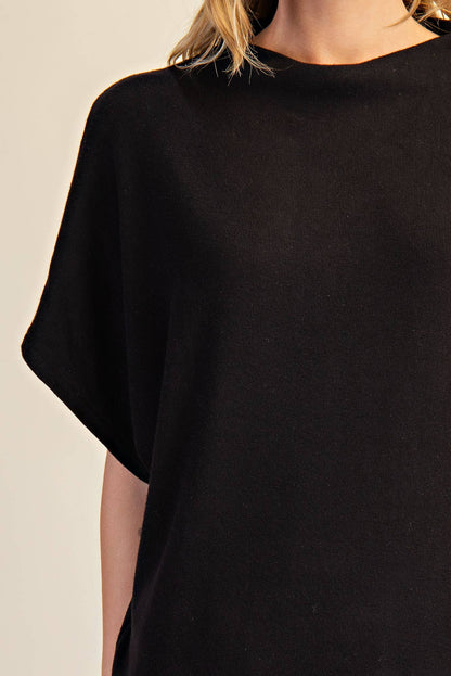 Mock Neck Short Sleeve Pullover Knit Top: Black / S