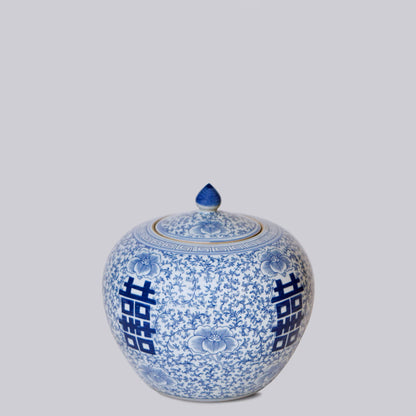 Double Happiness/Scrolling Peony Squat Blue and White Jar