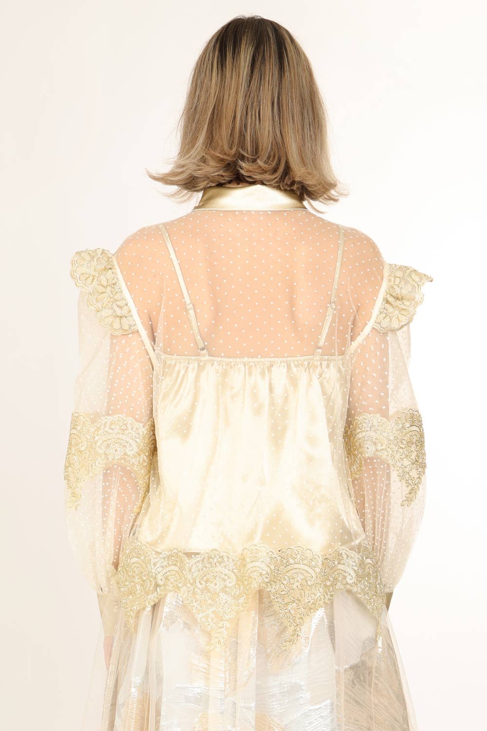 Gold Lace Trim  Chiffon Blouse