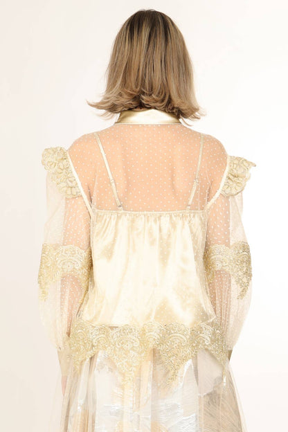 Gold Lace Trim  Chiffon Blouse