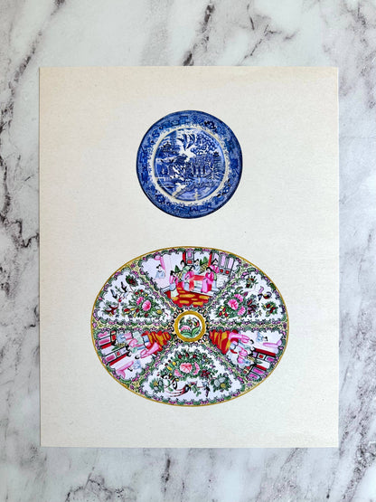 Blue Willow Rose Medallion Watercolor Art Prints: 11x14"