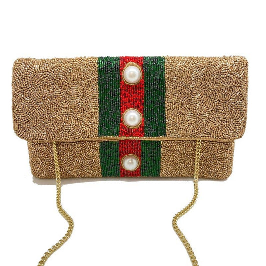 Gold Clutch With Red And Green Stripe With Pearls
