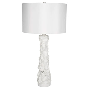 WHITE GESSO OYSTER SHELL LAMP WITH WHITE LINEN SHADE